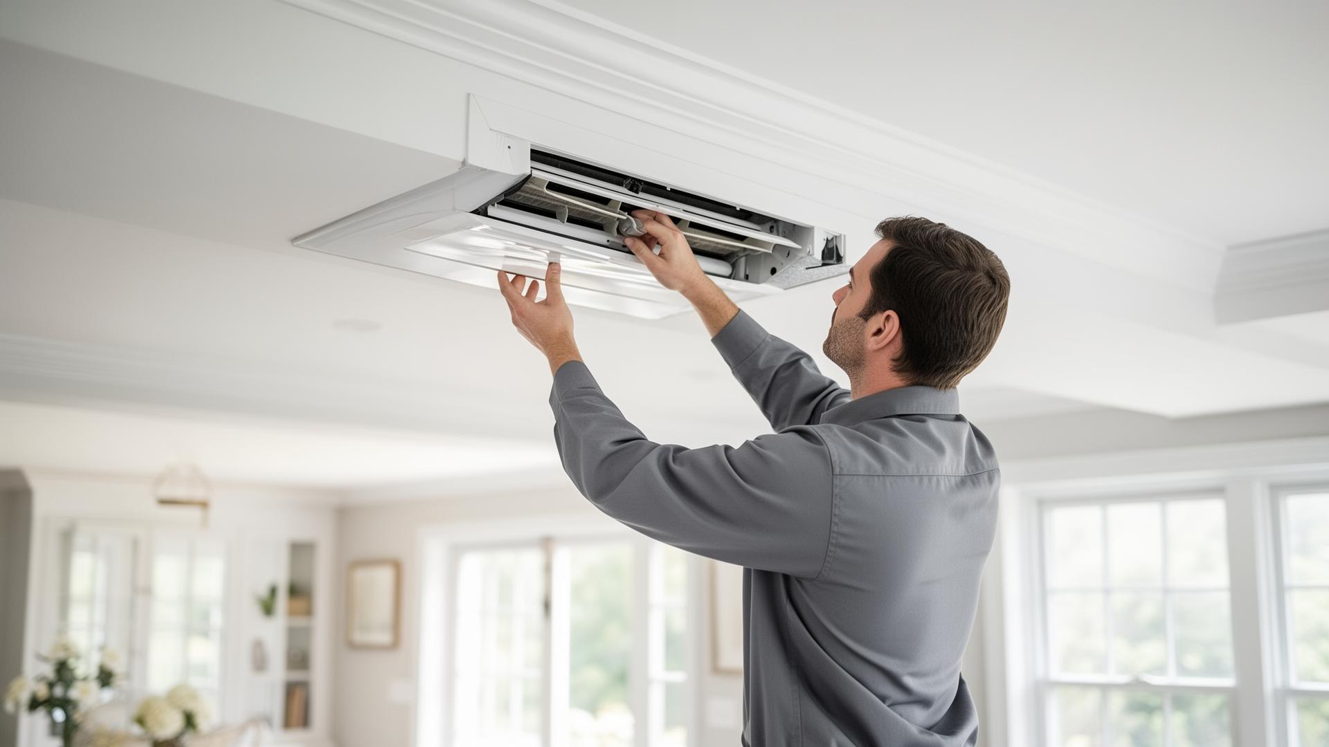 Technician cleaning a ceiling air duct in a bright Connecticut home